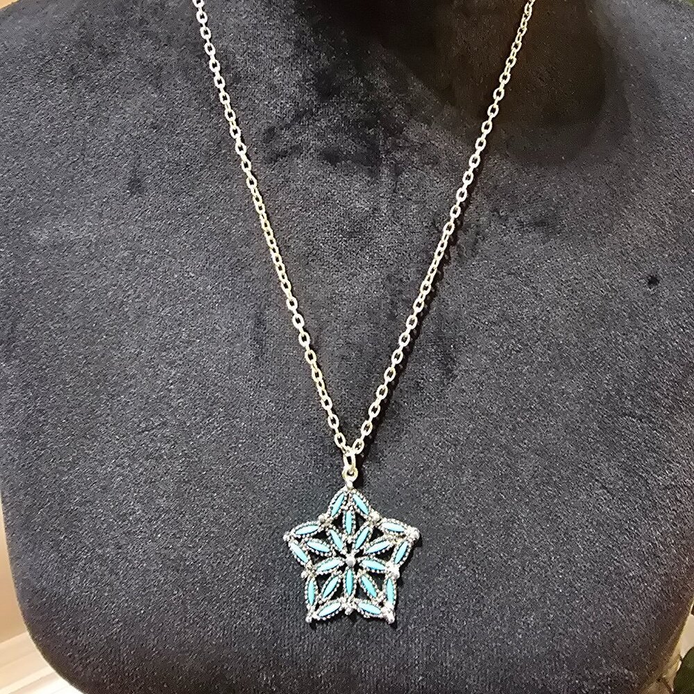 Women's Turquoise Five Pointed Star Zuni Design Pendant Silver Tone Necklace‎